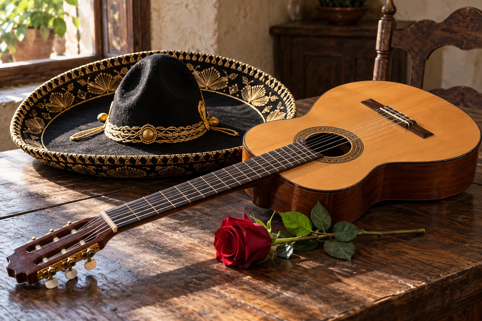 Guitarra acústica, sombrero de charro bordado y rosa roja sobre una mesa de madera