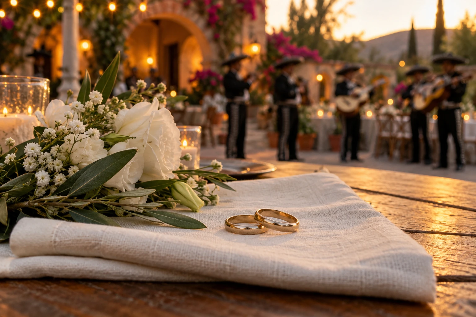 Anillos de boda y flores blancas en primer plano con músicos de mariachi al fondo