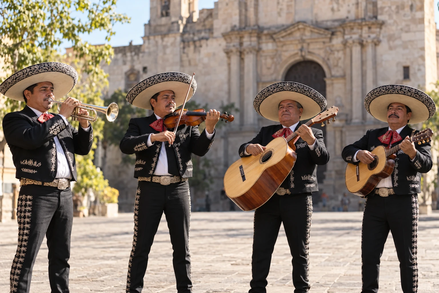 Cuatro músicos de mariachi con trompeta, violín, guitarrón y guitarra en una plaza