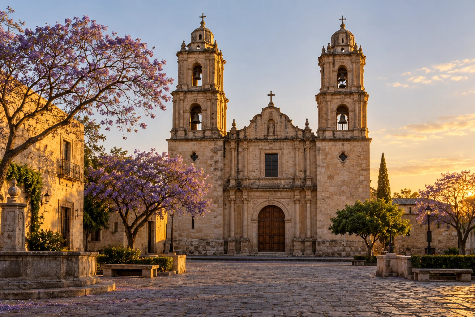 Iglesia de cantera con dos campanarios y árboles de jacaranda en una plaza mexicana